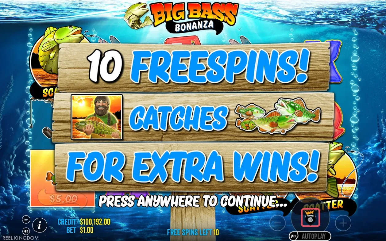 Aankondiging van tien gratis spins waarbij de jokervisser vissen vangt voor extra winst.