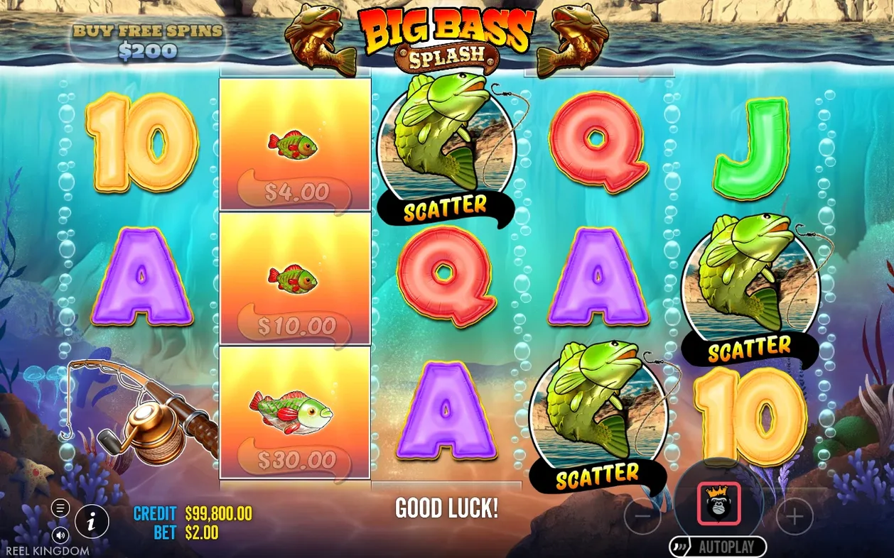 Reels tonen drie scattervissen en viswaarden $4.00, $10.00 en $30.00, met de tekst Good Luck!