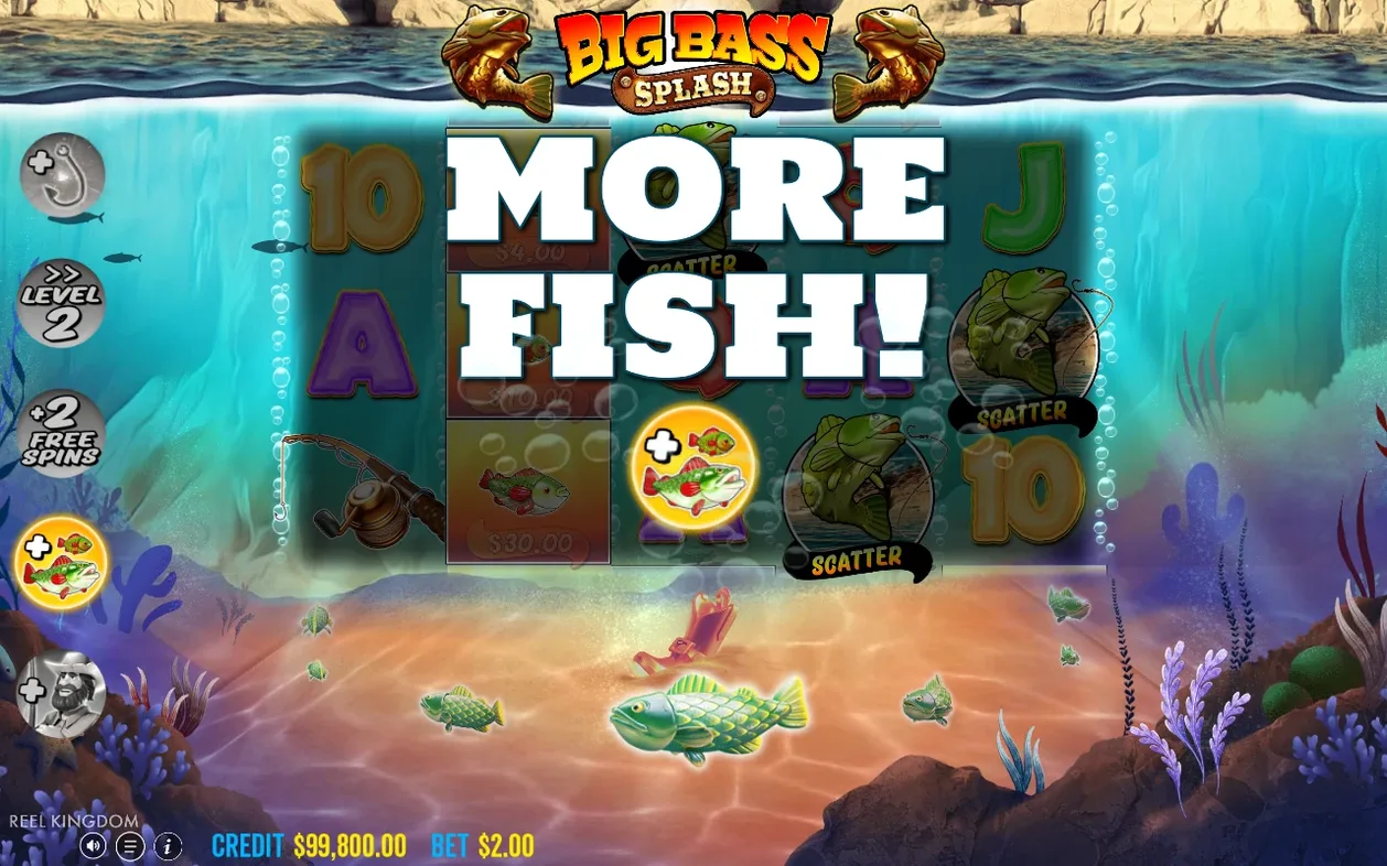 Grote tekst 'MORE FISH!' verschijnt over de reels als actieve modifier voor de aankomende Free Spins-ronde.