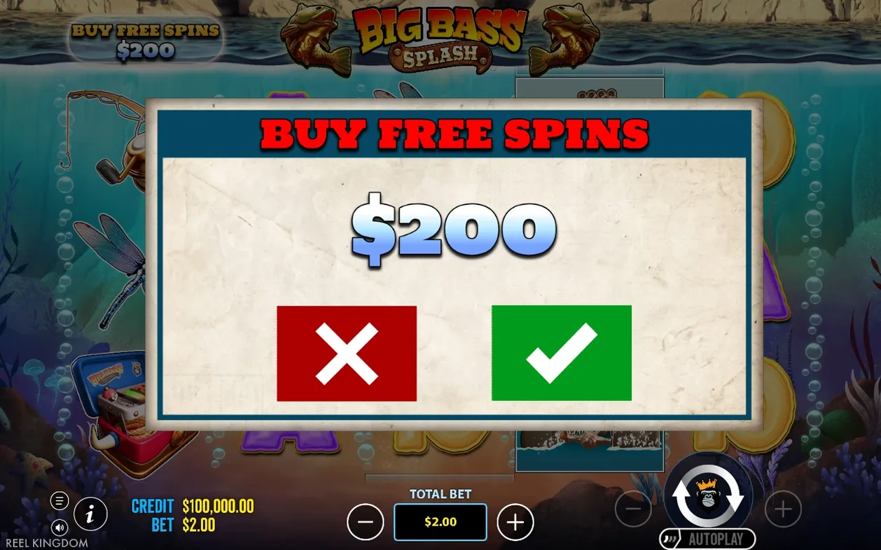 Bevestigingspop-up Buy Free Spins voor $200, met rode kruisknop en groene vinkknop.
