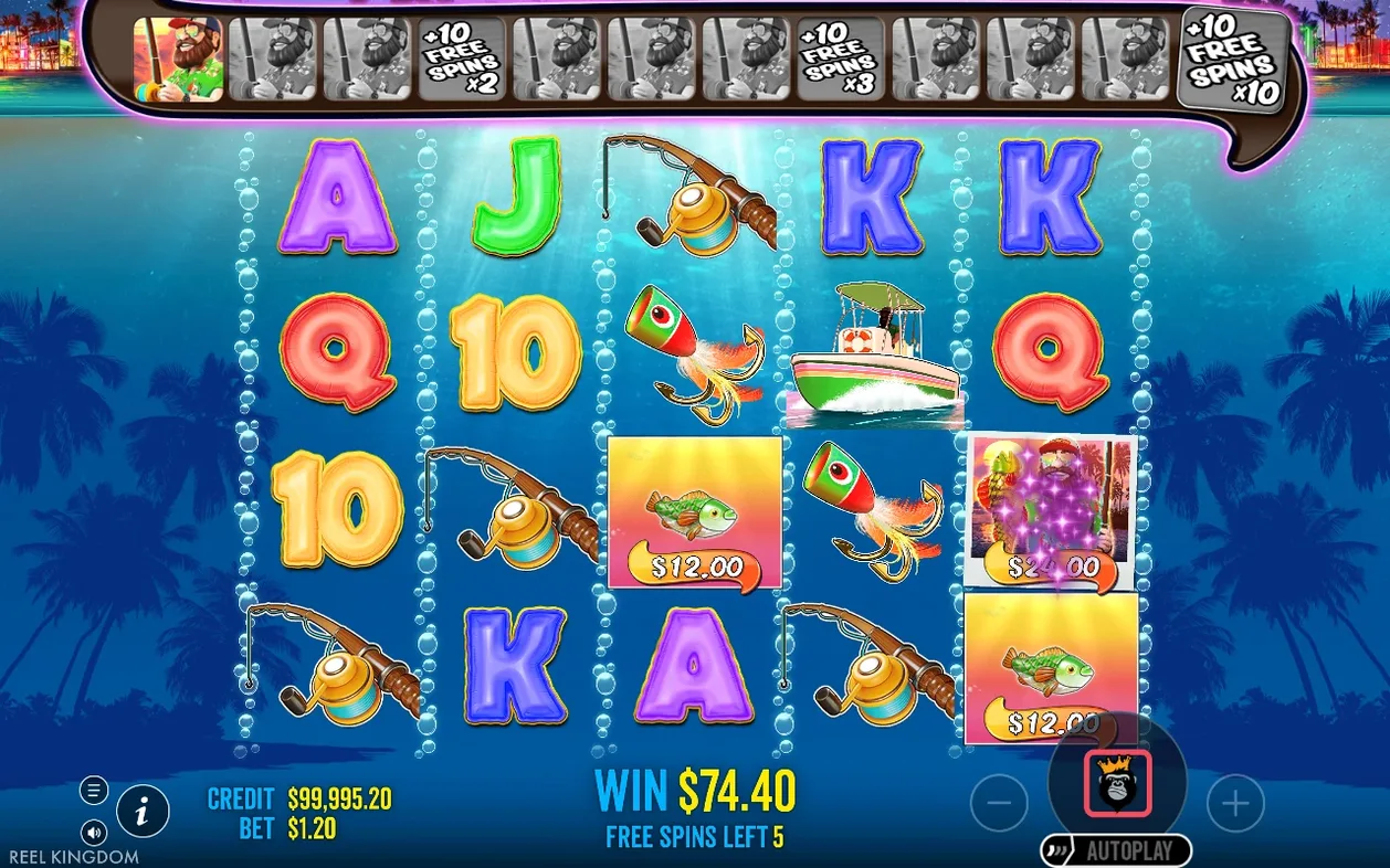 Free spins-ronde met Wild-tracker bovenin, winst $74,40 en nog 5 free spins resterend.