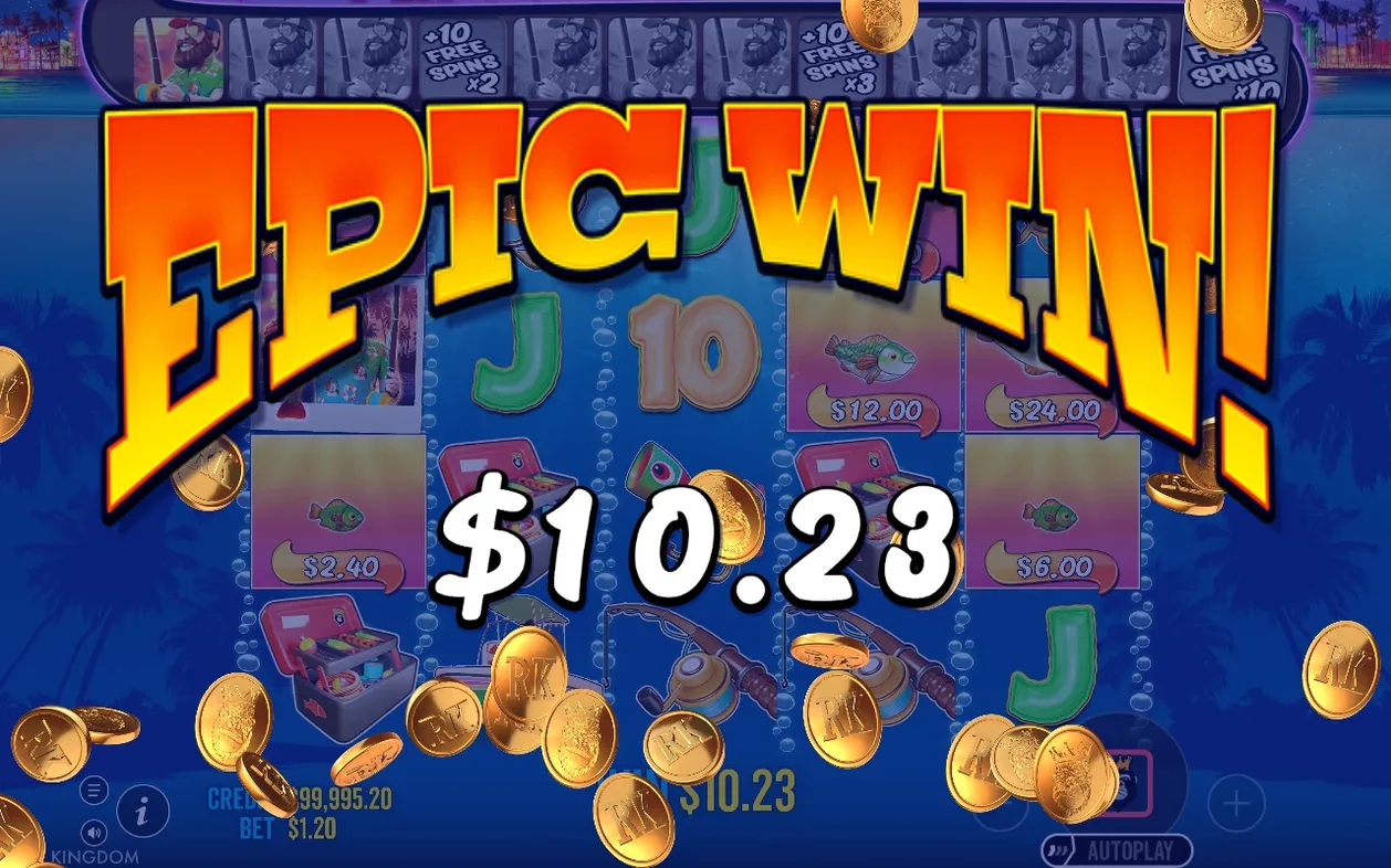 Epic Win-scherm met $10,23 winst, geldsymbolen tot $24,00 en vallende gouden munten.