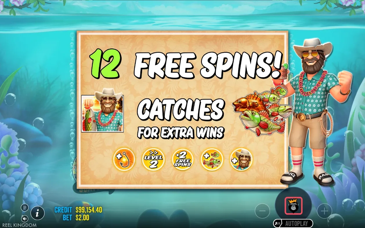 Bonusscherm toont 12 free spins met vijf modifier-iconen: haak, level 2, +2 spins, vis en visser.