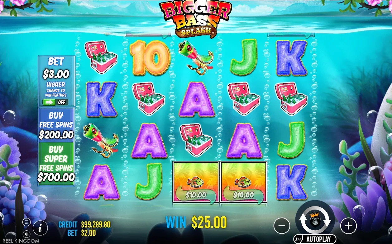 Vijf bij vier rollen met letters, koelbox en lokaas; twee visjes tonen $10,00, WIN $25,00 onderaan.