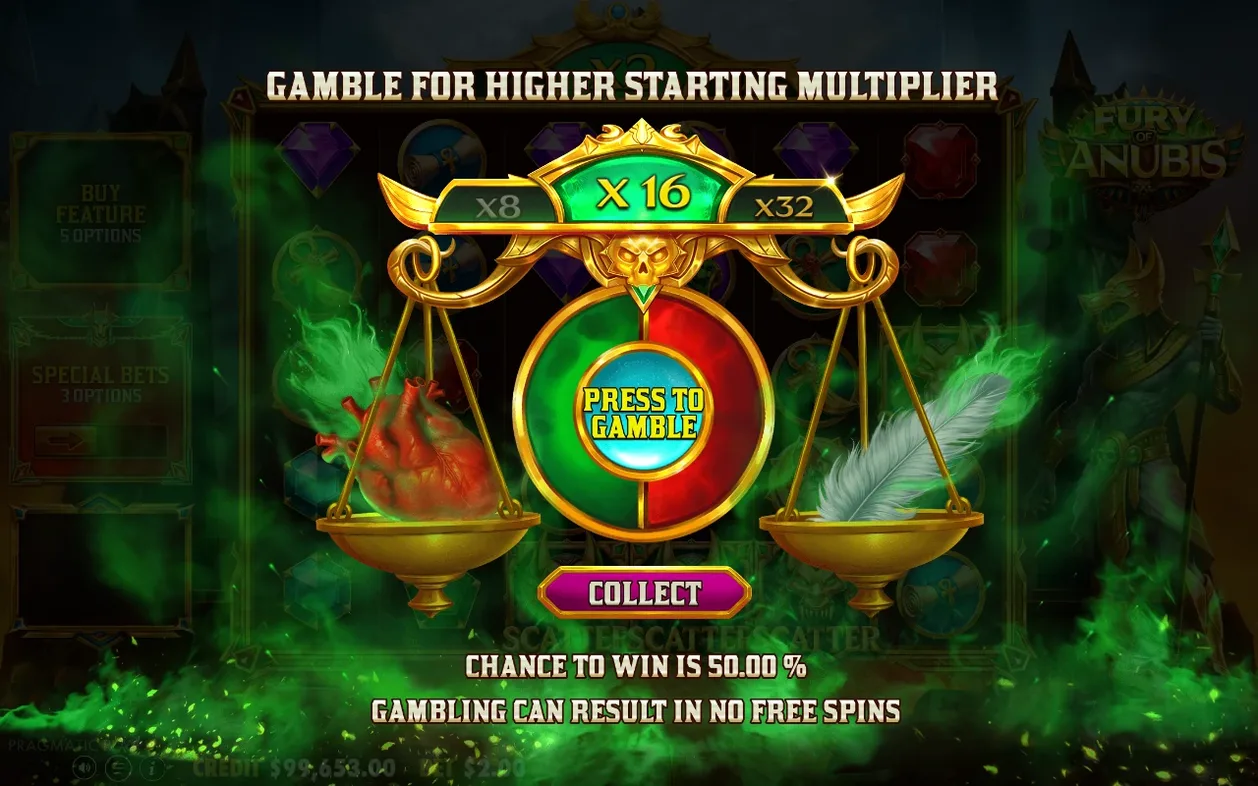Gokscherm met weegschaal: multiplier x16 kiezen of verdubbelen naar x32, winkans 50%, gok kan free spins kosten.
