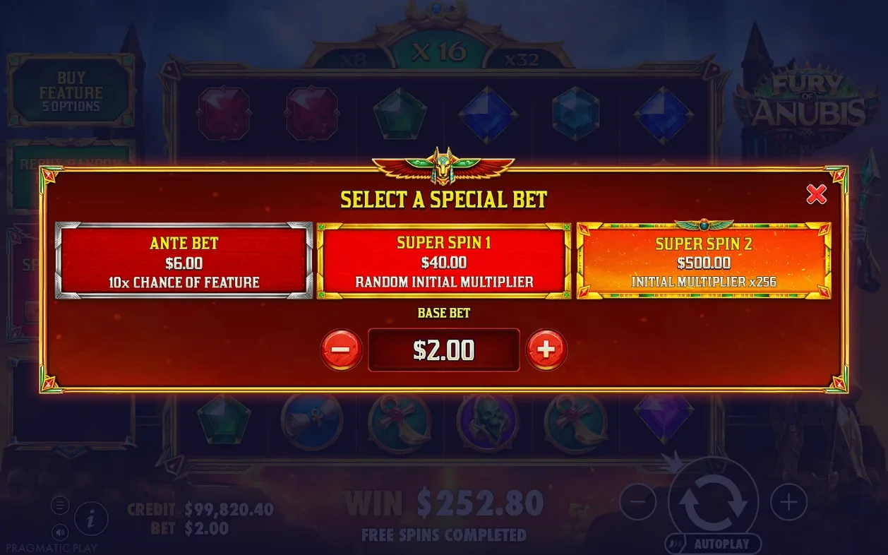 Keuzescherm special bets: ante bet $6,00, super spin 1 $40,00, super spin 2 $500,00, basisinzet $2,00.
