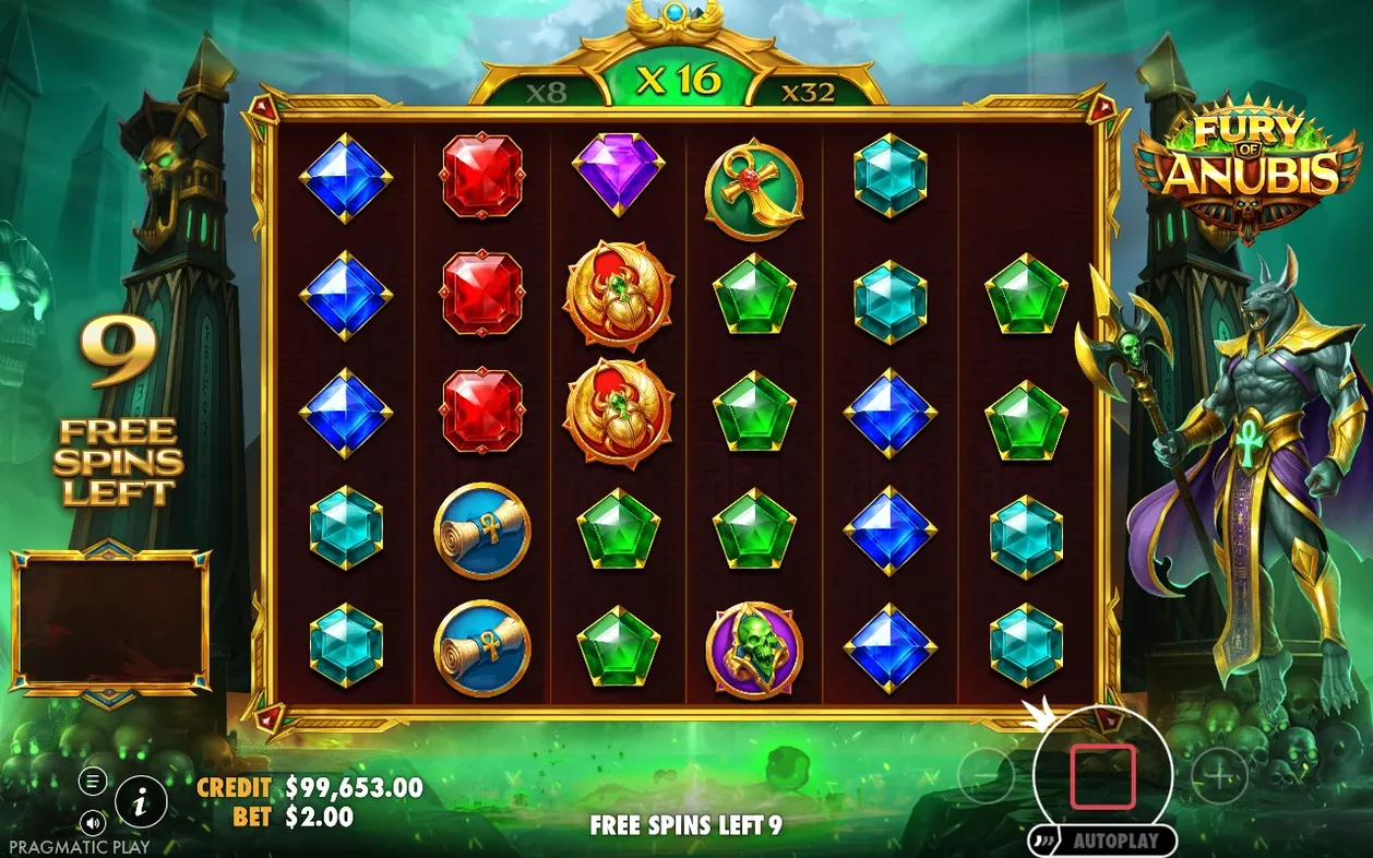 Free spins: 9 beurten resterend, multiplier x16, rooster met edelstenen, scarabee en ankh-symbolen.