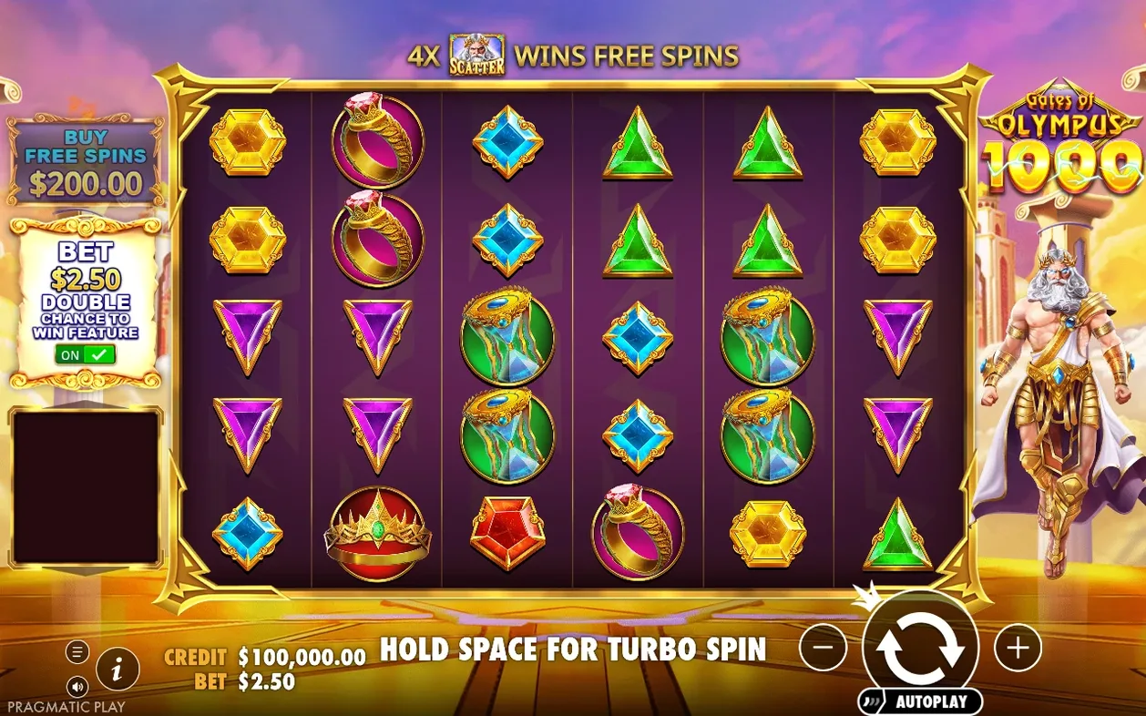 Basisspel met Double Chance ingeschakeld, inzet $2,50, banner '4X SCATTER WINS FREE SPINS' boven het rooster.