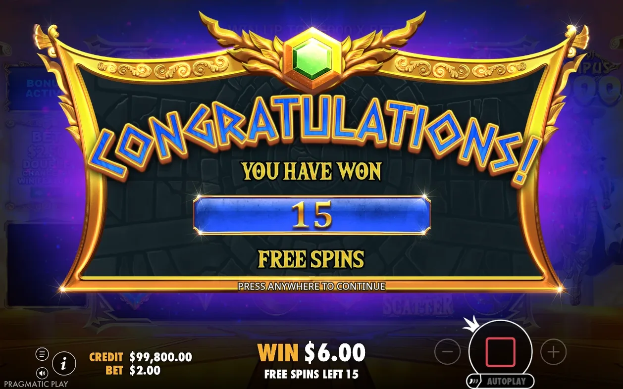 Overwinningsscherm 'CONGRATULATIONS! 15 FREE SPINS', win $6,00, credit $99.800,00.