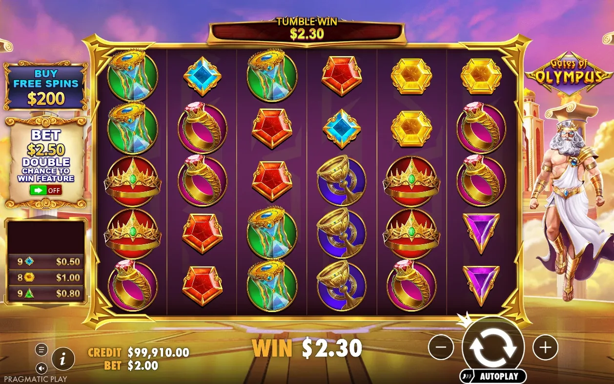 Tumble win $2.30 toont rollen met kroon, ring, zandloper en edelstenen naast Zeus, inzet $2.00.