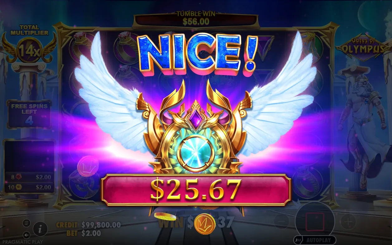 NICE!-animatie tijdens free spins toont multiplier 14x, tumble win $56.00, uitbetaling $25.67 en 4 free spins over.