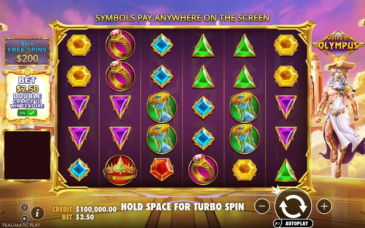 Basisspel toont Double Chance-toggle op ON, inzet $2.50, gems en hourglass-symbolen naast Zeus.