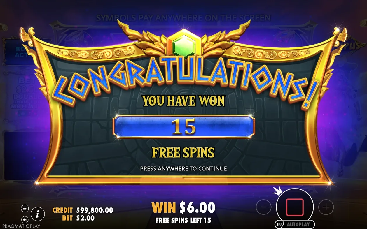 Felicitatiescherm meldt 15 gewonnen free spins, met win $6.00 en free spins left op 15.