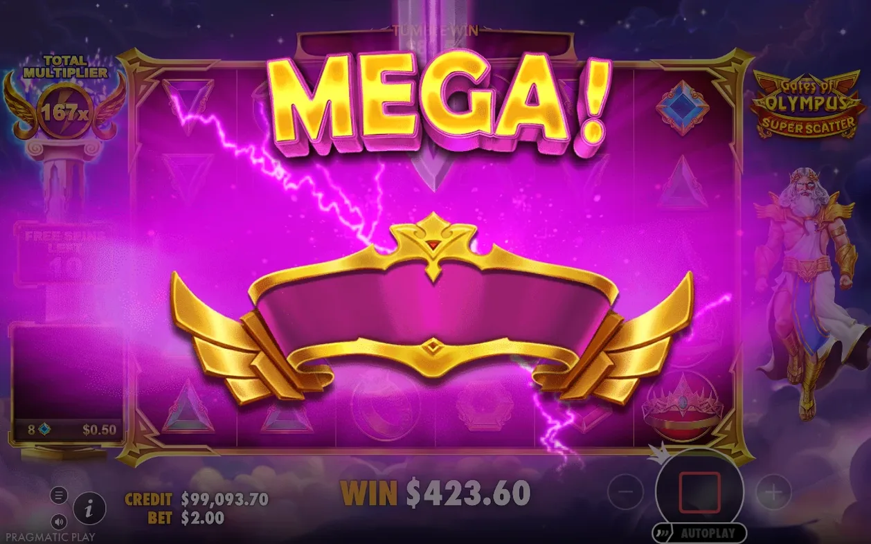 MEGA-winstscherm met paarse bliksem, 167x total multiplier en winst van $423,60.