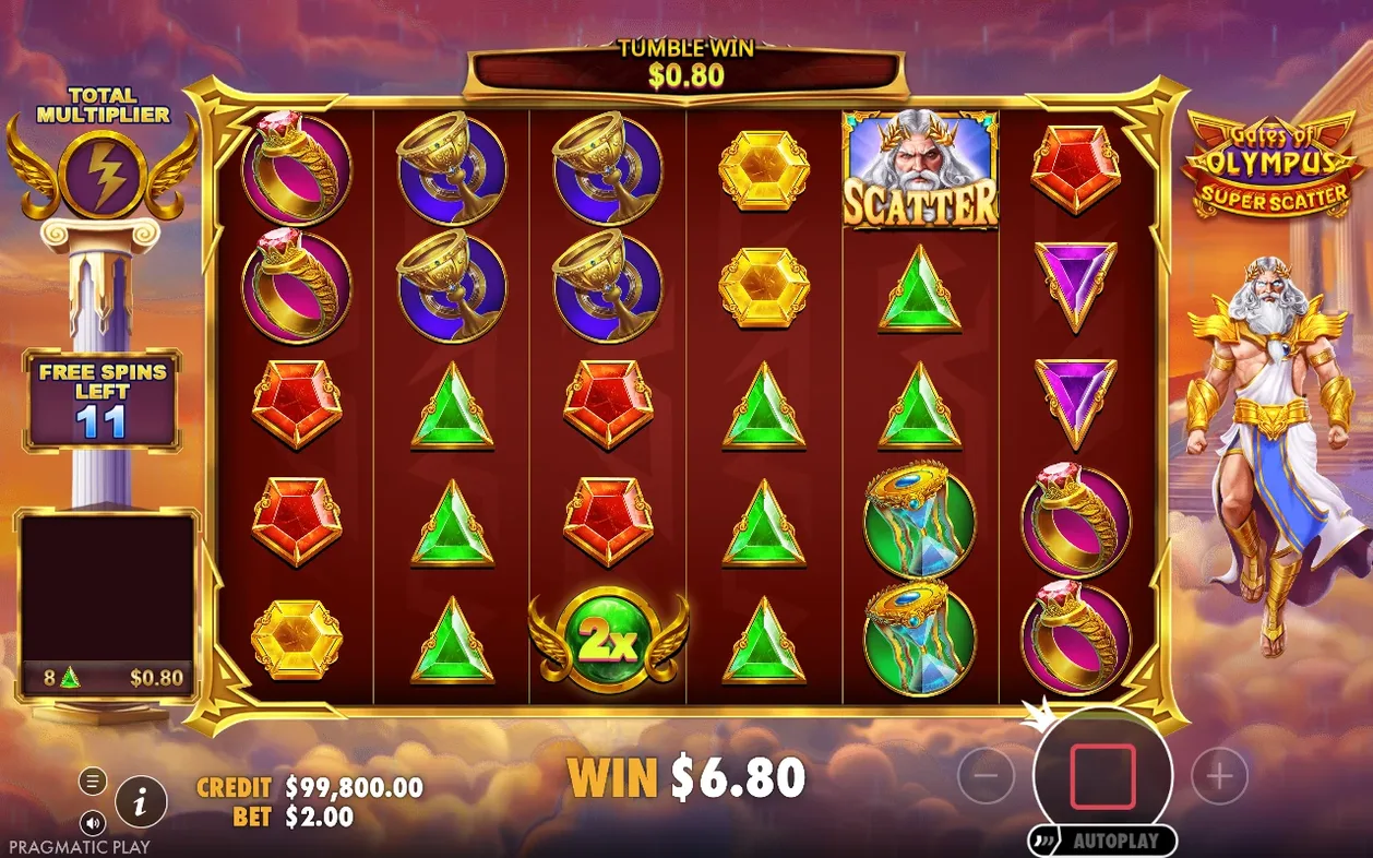 Free spins: tumble win $0,80 met 2x-multiplier, 11 free spins over en totale winst $6,80.