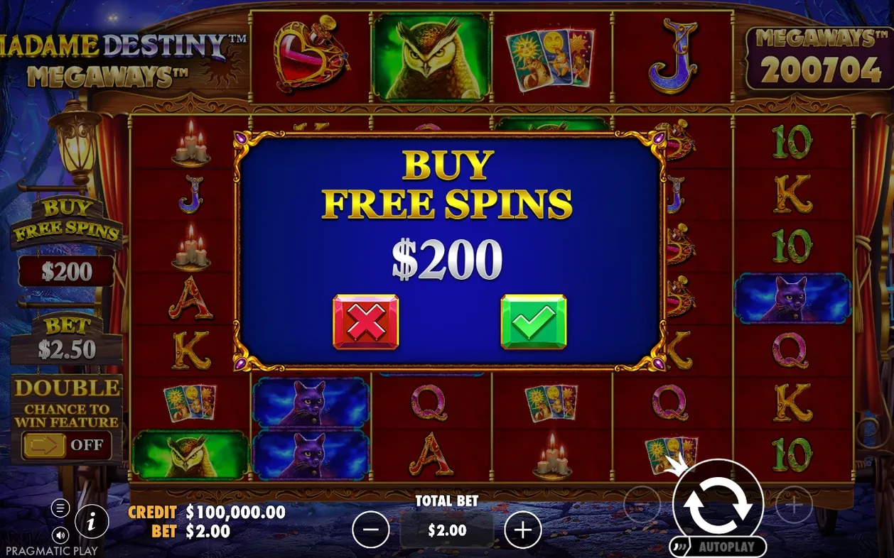 Bevestiging voor Buy Free Spins: prijs $200, rood kruis om te annuleren, groen vinkje om te bevestigen.
