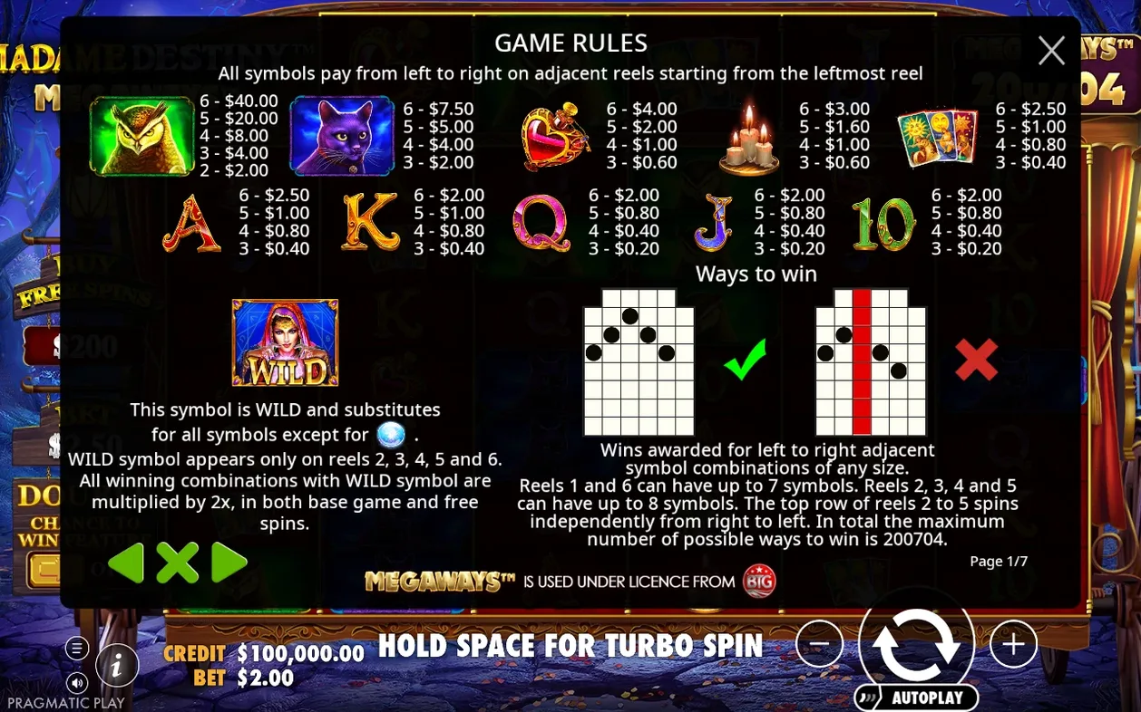 Paytable-pagina 'Game Rules' met symboolwaarden, wild-substitutie en ways-to-winschema's met vink en kruis.