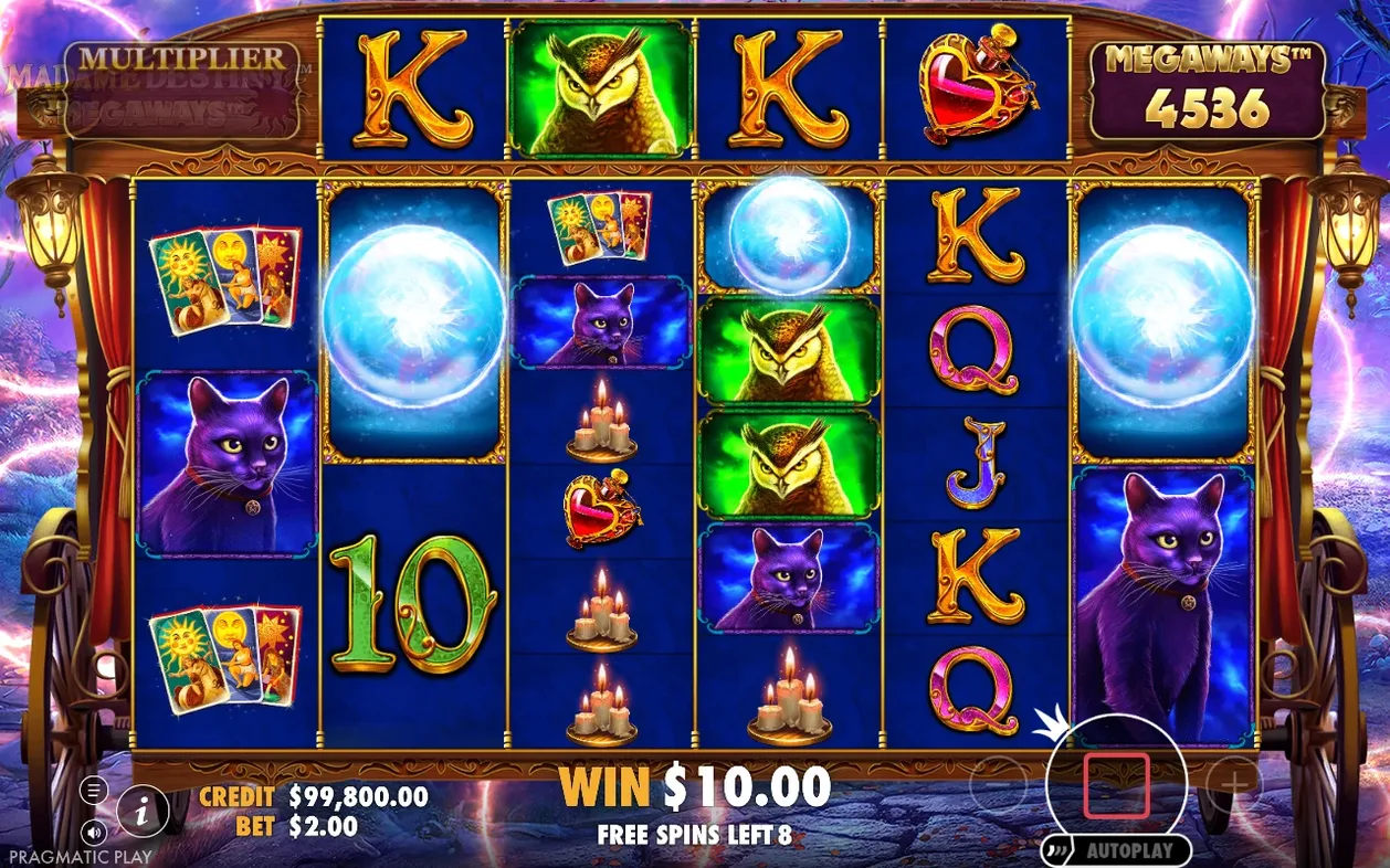 Free spins met marineblauwe rollen, kristallen bol-symbolen, Megaways 4536, win $10,00, 8 spins resterend.