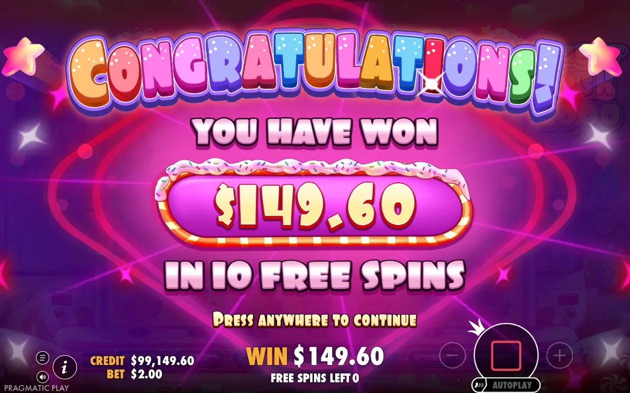 Eindscherm meldt winst van $149.60 uit 10 free spins, credit stijgt naar $99,149.60.
