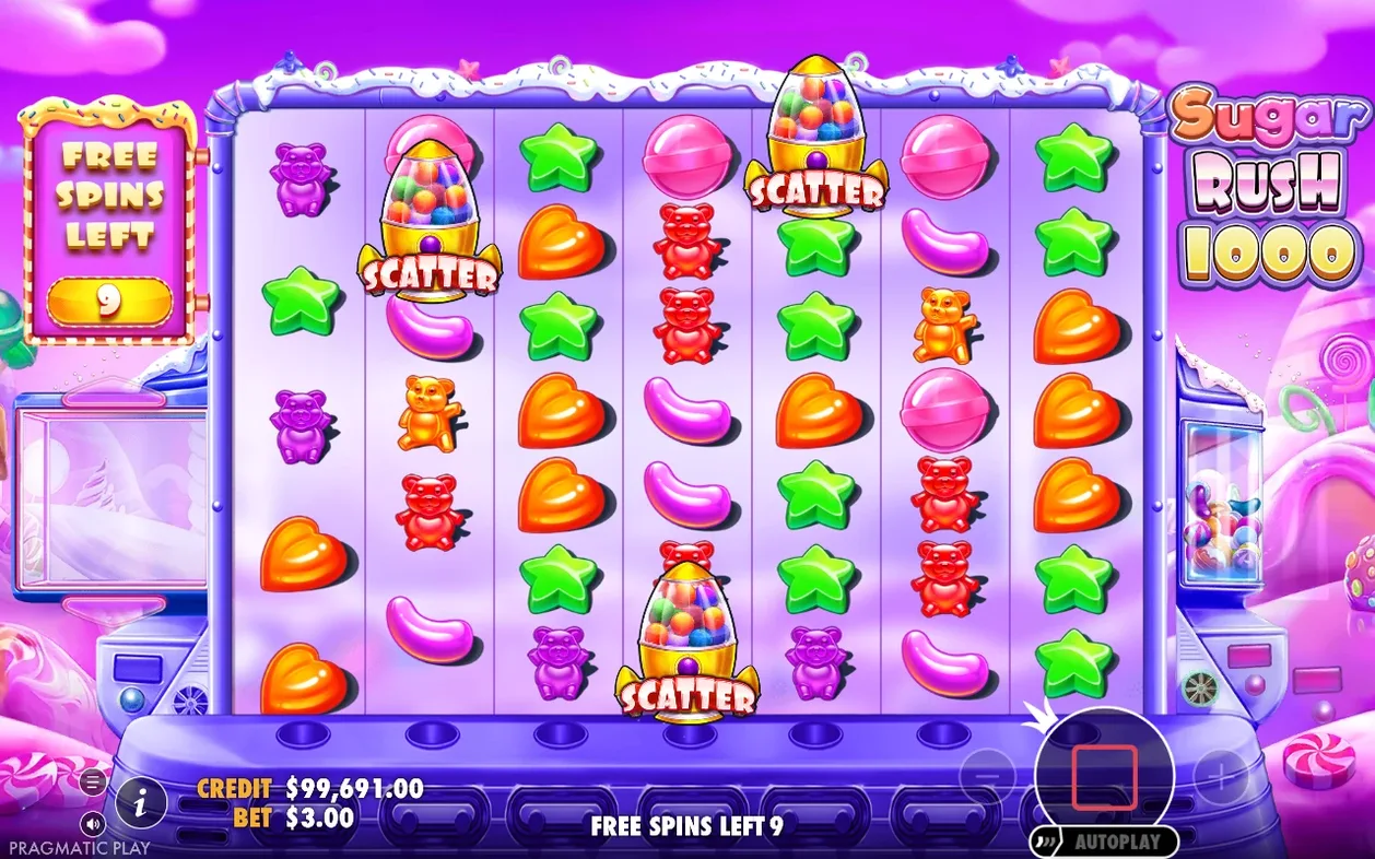 Free Spins ronde met paarse achtergrond en drie SCATTER-symbolen, teller staat op Free Spins Left 9.