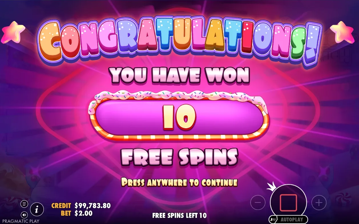 Congratulations-scherm meldt 10 gewonnen free spins, met FREE SPINS LEFT 10 en credit $99,783.80 onderin.