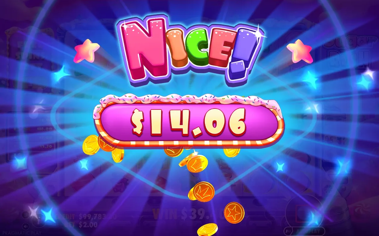 Paarse 'NICE!'-overlay met gouden winstbord $14.06 en vallende muntjes tegen stralende achtergrond.