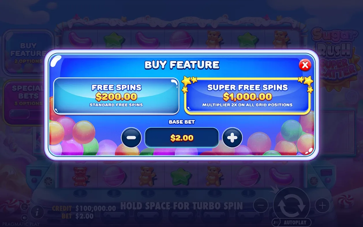 Buy Feature venster toont Free Spins voor $200,00 en Super Free Spins voor $1.000,00 bij inzet $2,00