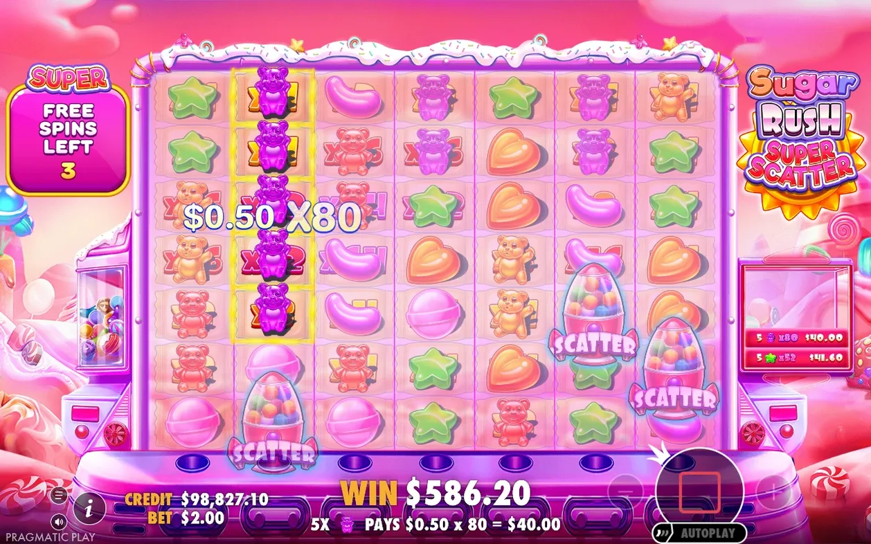 Free spins met x80 multiplier op paarse berenkolom, winst $586,20 en 3 spins resterend, scatters zichtbaar