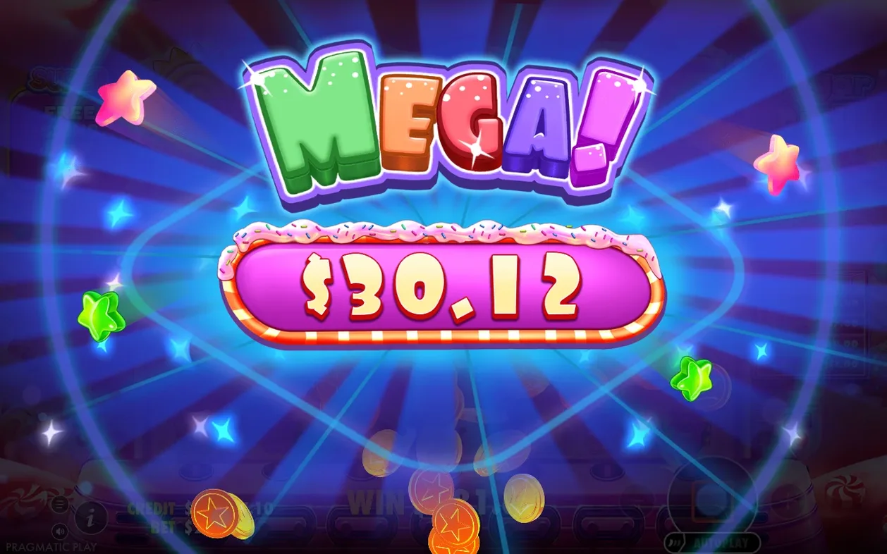 MEGA win van $30,12 op blauwe sterrenachtergrond met vallende gouden munten en sterren