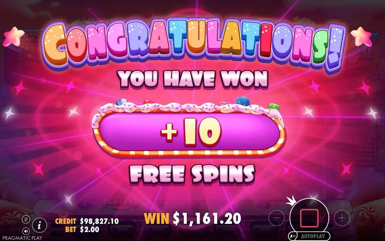 Congratulations-scherm toont +10 free spins en totale winst van $1.161,20 op roze achtergrond