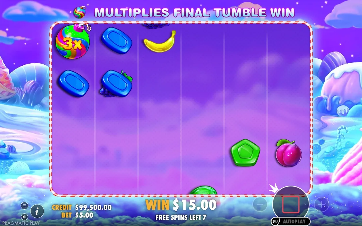 Free spins tonen een rainbow multiplier-bom met 3x, win $15,00, nog 7 free spins over.