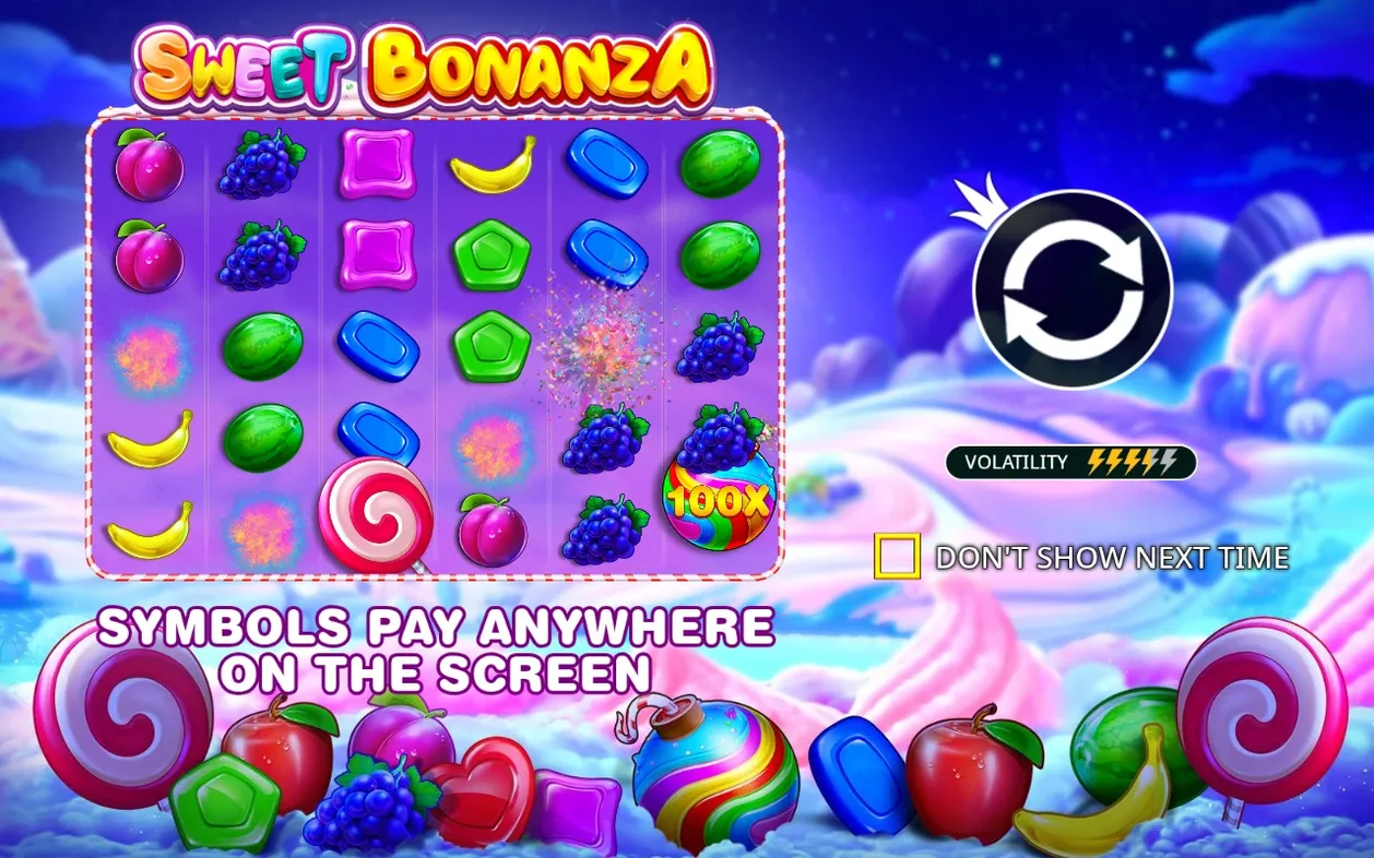 Introscherm toont het Sweet Bonanza-logo, een 6x5 snoepraster, volatiliteitsmeter en herlaadicoon.