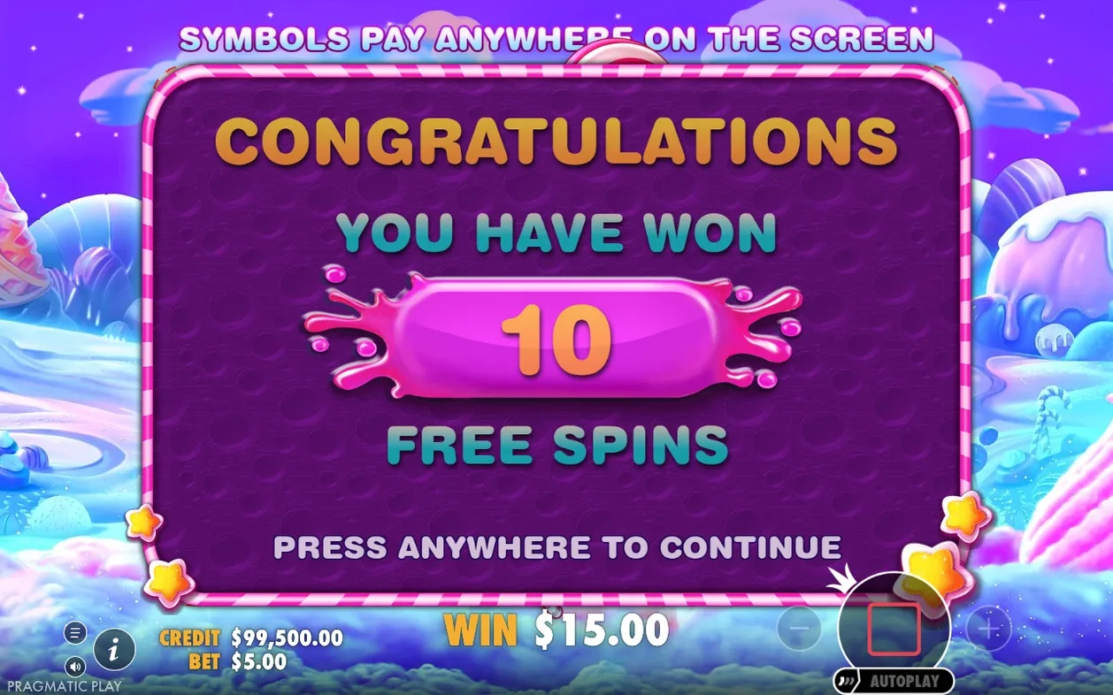 Paarse pop-up bevestigt 10 gewonnen free spins, tussenwin $15,00, inzet $5,00.