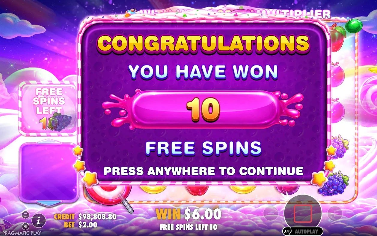 Introscherm free spins: speler wint 10 free spins, lopende winst $6,00, tegoed $98.808,80 bij inzet $2,00.
