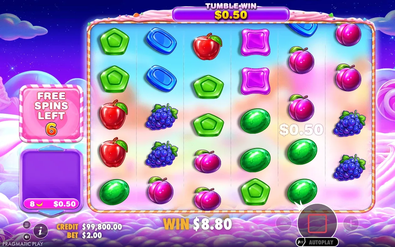 Tumble tijdens free spins: tumble win $0,50, 6 spins resterend, lopende winst $8,80 op 6x5-snoeproster.