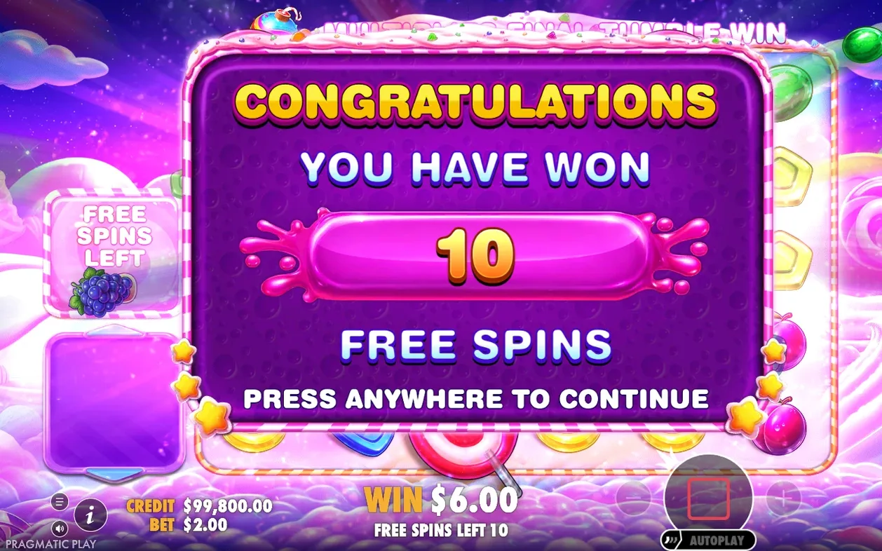 Winpop-up meldt 10 gewonnen free spins, lopende winst $6,00, tegoed $99.800,00 bij inzet $2,00.